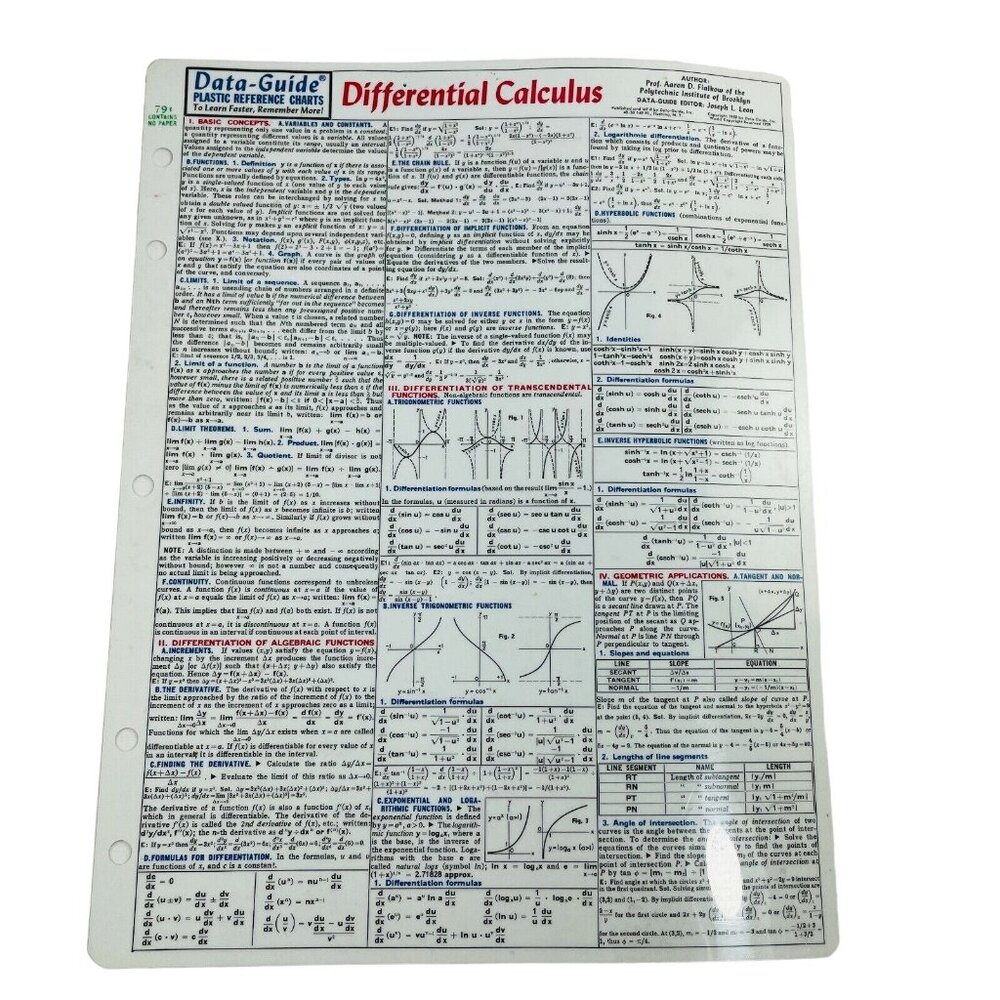 Vintage Differential Calculous Data Cheat Sheet Guide Plastic Reference Chart u